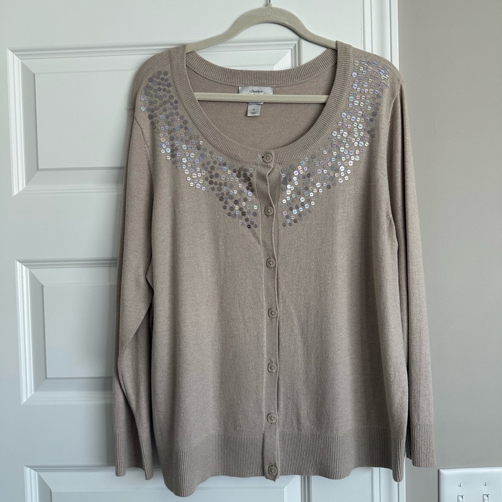 CJ Banks Taupe Sequin Scoop-Neck Button Cardigan